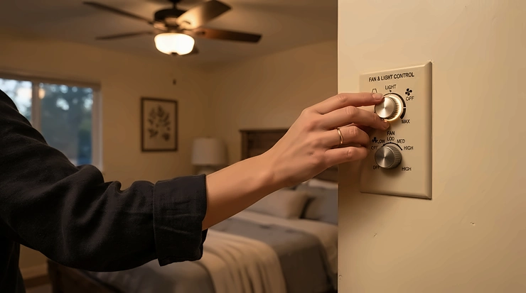 A ceiling fan with light for master bedroom shown with a wall-mounted control panel.