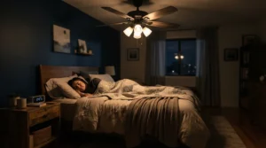 A flush-mount ceiling fan with light for master bedroom providing ambient evening illumination.