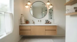Best practices for choosing ceiling light type and wall sconces in a master bathroom.