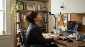 A remote worker considering a chandelier or flush mount while choosing ceiling light type for an office.
