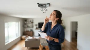 A homeowner reviewing a ceiling light comparison guide while choosing ceiling light type for a living area.