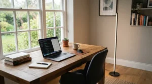 Dimmable LED modern torchiere floor lamp providing soft upward illumination in a stylish home office.