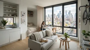Furniture compatibility visual exploring a floor lamp vs table lamp in a small apartment
