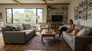 Floor or table lamp decision helper for a family den seating arrangement