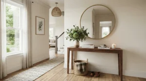 Choosing lamp type graphic showing a floor lamp vs table lamp in a foyer entryway