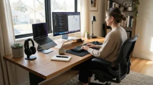 A home office scene comparing a floor lamp vs table lamp for daily workspace tasks