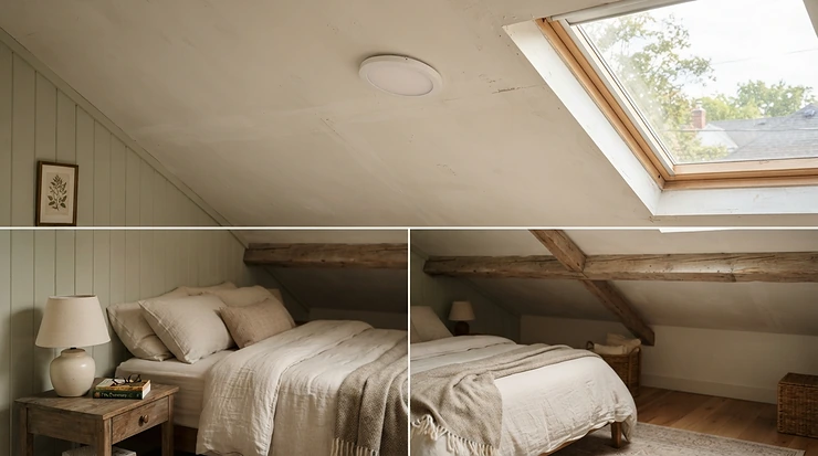 A low-profile flush mount ceiling light for low-ceiling bedroom fitted snugly into a sloped attic conversion.