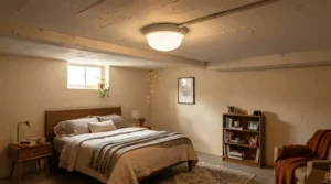 A stylish flush mount ceiling light for low-ceiling bedroom brightening a cozy subterranean guest room.