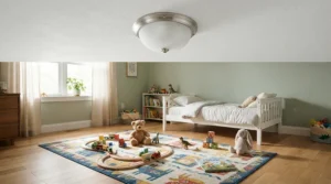 A flush mount ceiling light for low-ceiling bedroom installed securely in a child's colorful sleeping quarters.