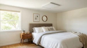A bright LED flush mount ceiling light for low-ceiling bedroom providing even illumination above a queen-size bed.