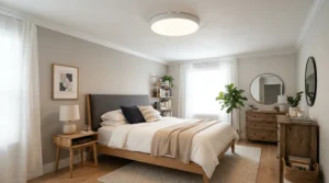 A minimalist flush mount ceiling light for low-ceiling bedroom maximizing vertical clearance in a small room.