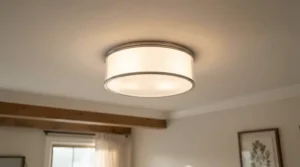 A decorative flush mount ceiling light for low-ceiling bedroom casting a soft warm glow over a wooden bed frame.