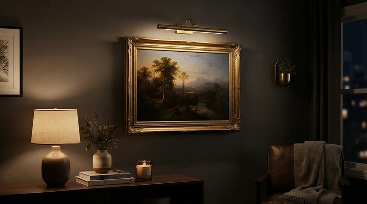 An illustration showcasing how to layer living room lighting to highlight architectural artwork and features.