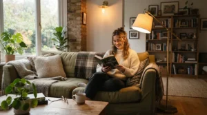 An illustration demonstrating how to layer living room lighting by balancing ambient and task lighting sources.