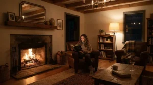 An illustration showing how to layer living room lighting to create a warm and cozy evening ambiance.