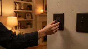 An illustration demonstrating how to layer living room lighting using adjustable dimmer switches.
