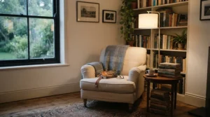 An LED dimmable uplighter torchiere lamp brightening a comfortable reading corner with an armchair.