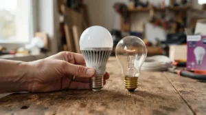 A graphic depicting bulb lifespan comparison for LED vs incandescent living room lights.