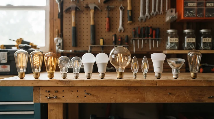 A bulb type guide showcasing LED vs incandescent living room lights options.