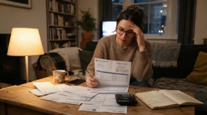 A homeowner reviewing electricity cost savings while evaluating LED vs incandescent living room lights.