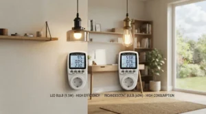 An energy efficient lighting comparison featuring LED vs incandescent living room lights.