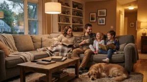 A cozy family evening highlighting LED benefits living room illumination.