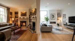 An illustration comparing LED vs incandescent living room lights in a modern suburban home setup.