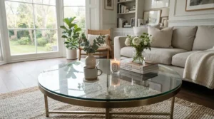 An illustration depicting living room too dark solutions through the use of reflective glass and metallic furniture accents that bounce light around.