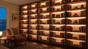 An illustration focused on living room too dark solutions using concealed LED strip lighting behind bookshelves and TV consoles for ambient glow.