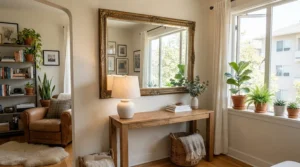 An illustration showing living room too dark solutions, featuring a large wall mirror reflecting natural light from a window to brighten the space.