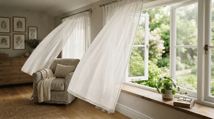 A visual example of living room too dark solutions using lightweight sheer curtains to let maximum sunlight filter through the windows.