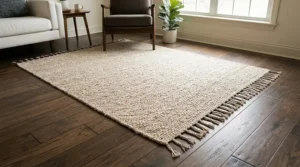 A helpful graphic for living room too dark solutions featuring a cream-colored area rug that brightens up dark hardwood flooring.