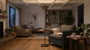A sleek modern black metal uplighter torchiere lamp casting soft ambient light in a cozy living room.