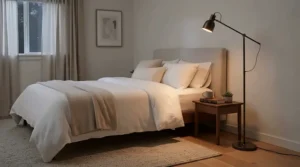 A sleek dimmable torchiere floor lamp set to low brightness in a stylish bedroom