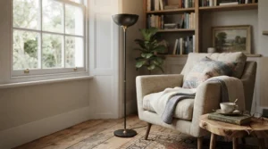A sleek black torchiere floor lamp for corner decor next to a comfortable reading chair