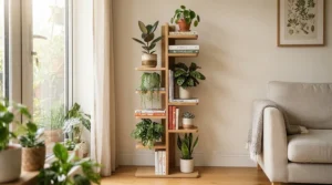 A sleek black torchiere floor lamp with wood shelves displaying small potted plants and picture frames.