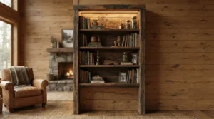 A rustic torchiere floor lamp with wooden shelves providing warm illumination in a traditional home den.