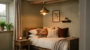 A brass-accented semi-flush mount light for small bedroom adding warmth to a transitional decor style.