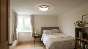 A compact semi-flush mount light for small bedroom installed on a low apartment ceiling to maximize vertical space.
