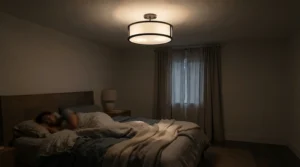 A semi-flush mount light for small bedroom equipped with a downlight diffuser for glare-free bedtime lighting.