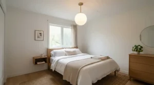 A modern semi-flush mount light for small bedroom with a clear glass shade casting bright illumination.
