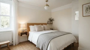 An inviting semi-flush mount light for small bedroom illuminating a welcoming guest bedroom setup.