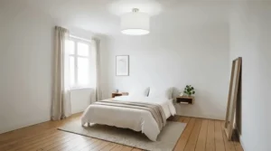 A minimalist white semi-flush mount light for small bedroom complementing clean interior design.