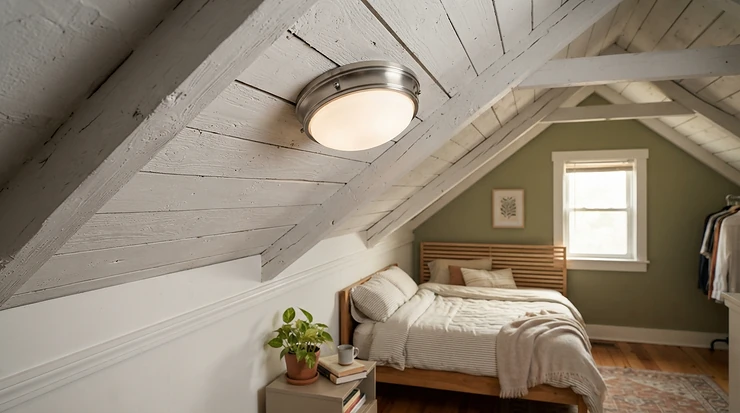 A versatile semi-flush mount light for small bedroom mounted neatly on an attic sloped ceiling.