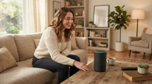 A person adjusting smart bulbs for living room using an Alexa compatible speaker on a coffee table.