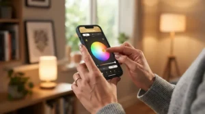 Using a smartphone to customize smart bulbs for living room app-controlled fixtures on the wall.