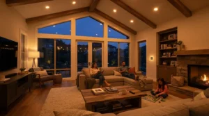 Home automation lighting featuring smart bulbs for living room glowing during sunset hours.