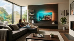 Smart home compatibility in action with smart bulbs for living room integrated into entertainment setups.