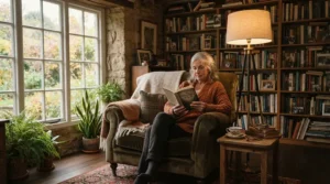 Voice controlled floor lamps fitted with smart bulbs for living room beside a cozy reading chair.