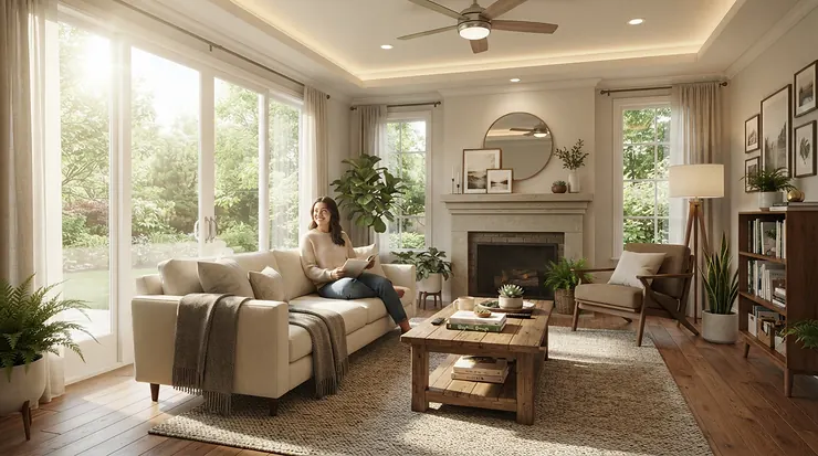 Bright daylight simulation using smart bulbs for living room during a morning coffee routine.